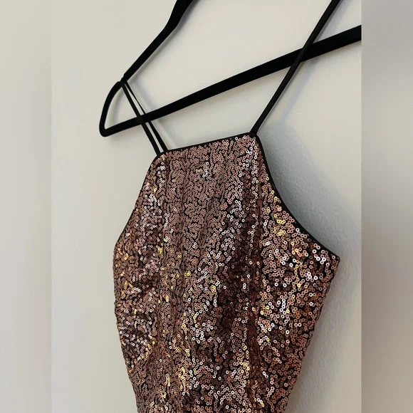 Lulu’s | Mood to Move Bronze Sequin Lace-Up Two-Piece Mini Skirt Matching Set - Picture 11 of 13